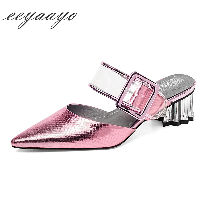 

2019 New Genuine Leather Summer Women Slippers Middle Heel Pointed Toe Casual Sexy Ladies Women Shoes Pink Outside Mules Slides