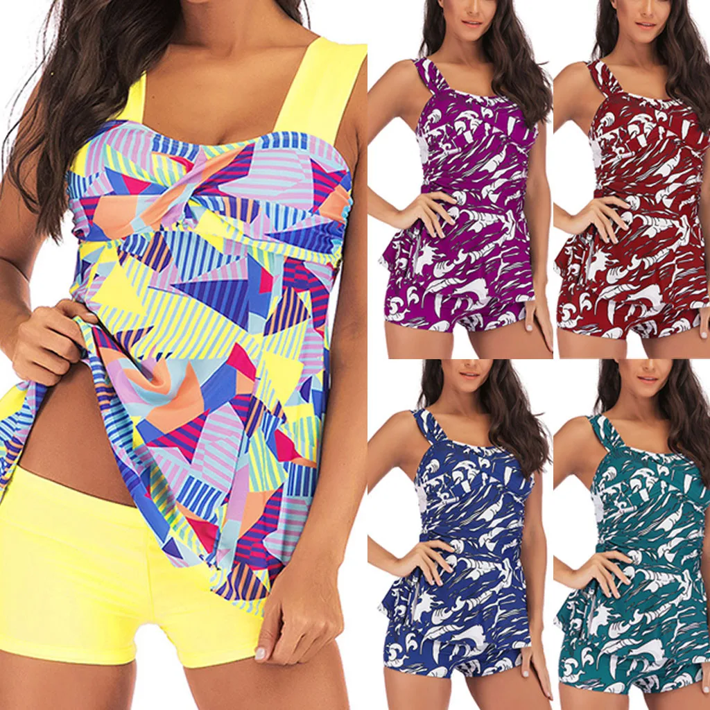 

Swimwear Women 2019 One Piece Plus Size High Waisted Plus Tankini Sets With Boy Shorts Bikini Set Swimwear Push-Up Padded Bra