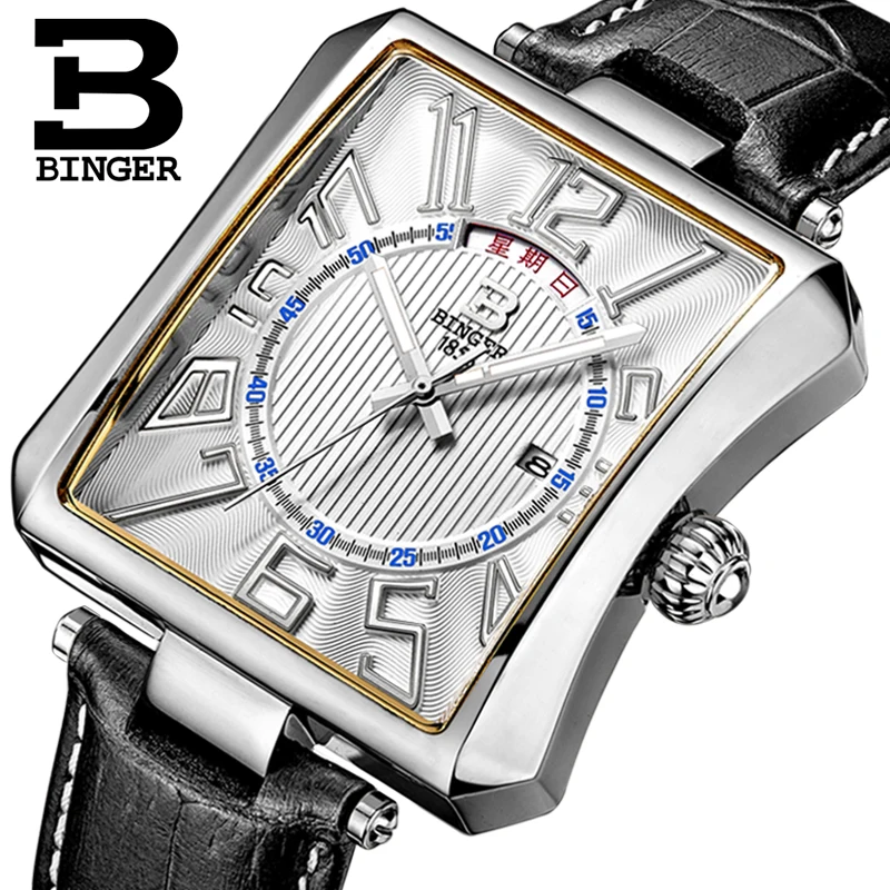 

Waterproof Genuine Leather Strap Male Wristwatches Switzerland BINGER Men's Watch Luxury Brand Tonneau Quartz Clock B3038-1