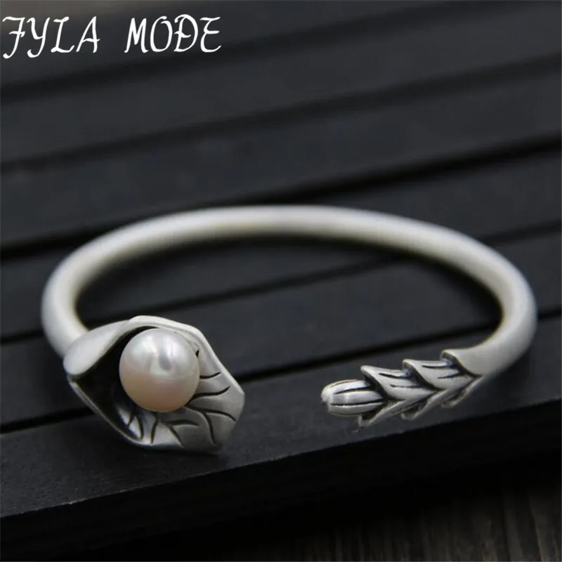

Fyla Mode Antique S999 Lotus Leaf With Shell Pearl Bangles Bracelets Women pulsera brazalete Cute Lotus Bud Vintage Jewelry