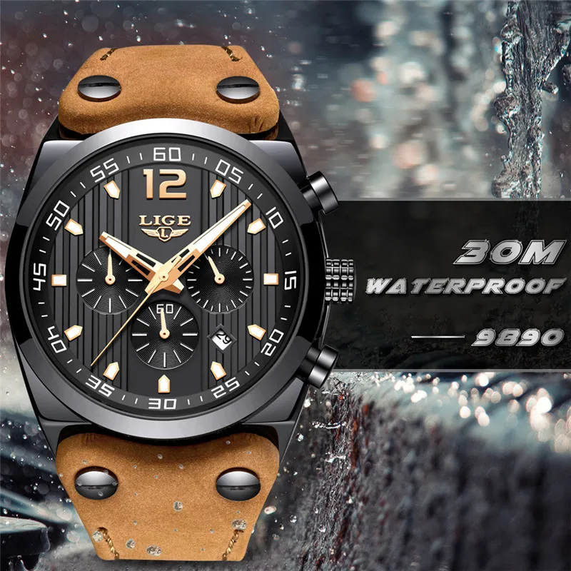 2018 LIGE Fashion Mens Watches Top Brand Luxury Quartz wristwatch Male Leather Waterproof Sport Chronograph Relogio Masculino