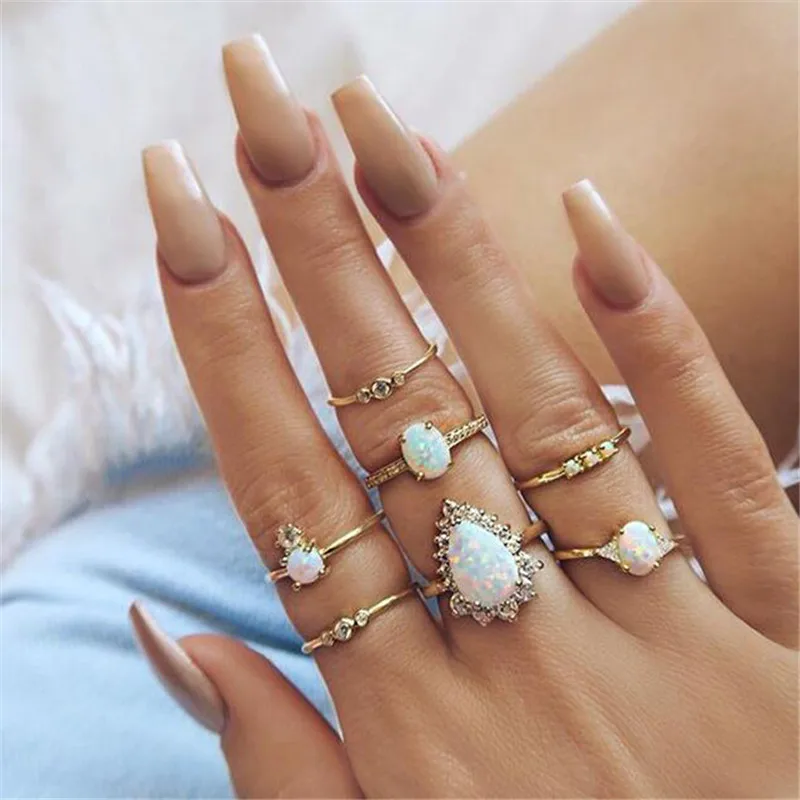 

Tocona Bohemia Crystal Pink Stone Ring Sets Vintage Antique Gold Rings Set for Women Knuckle Midi Rings Statement Jewelry 6623