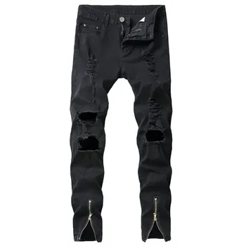 

2020 New Hole Ripped Streetwear Denim Pants Trousers Fashion Stretchs Slim Leg Opening Zipper Jeans Brand Men Black Jeans