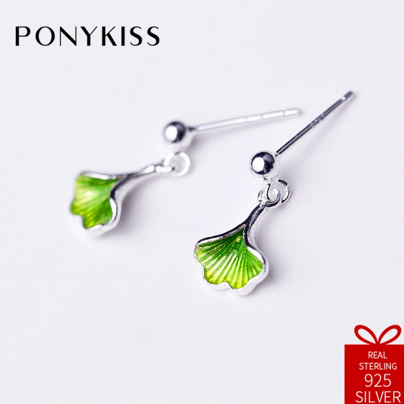 

PONYKISS Trendy 100% 925 Sterling Silver Chic Ginkgo Plant Dangle Drop Earrings Women Fine Jewelry Party Accessory Gift