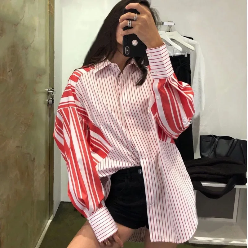 

[EWQ] 2019 Autumn New Pattern Lapel Long Sleeve Striped Patchwork Single Breasted Casual Loose Shirt Women Blouse Femals AG493