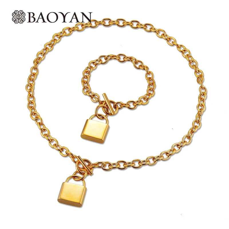 

BAOYAN Vintage Golden Lock Wedding Jewelry Sets Gold Plating Stainless Steel Link Chain Necklace Bracelet Jewelry Sets For Women