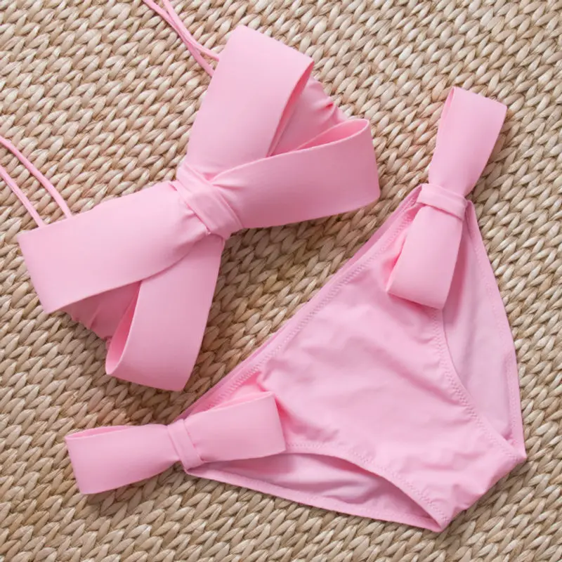 

Women Sexy Swim Wear Solid Swimwear Brazilian Bikini Big Bow Bandeau Beach Wear Halter Swimsuit Push Up Bathing Suit