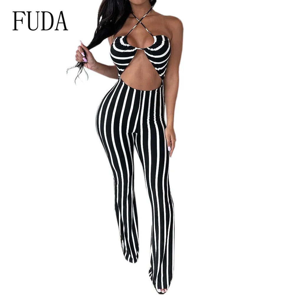 

FUDA New Women Clubwear Casual Jumpsuits Summer Bodycon Hollow Out Party Playsuit Sexy Sleeveless Halter Striped Romper Trousers