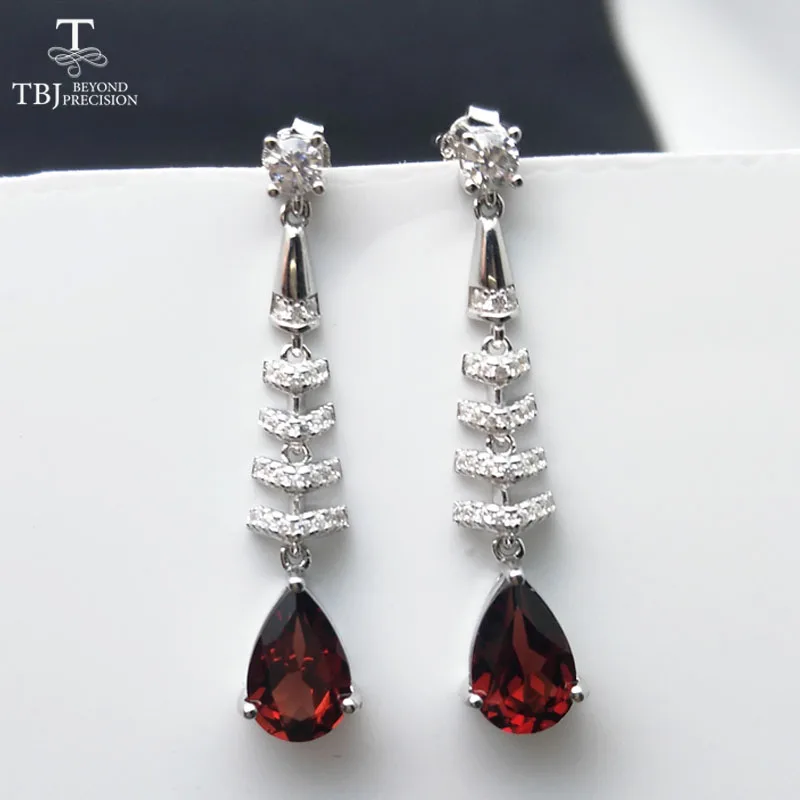 

TBJ,Long earring with natural 4ct red mozambique garnet 925 sterling silver fine jewelry for girls party office look gift