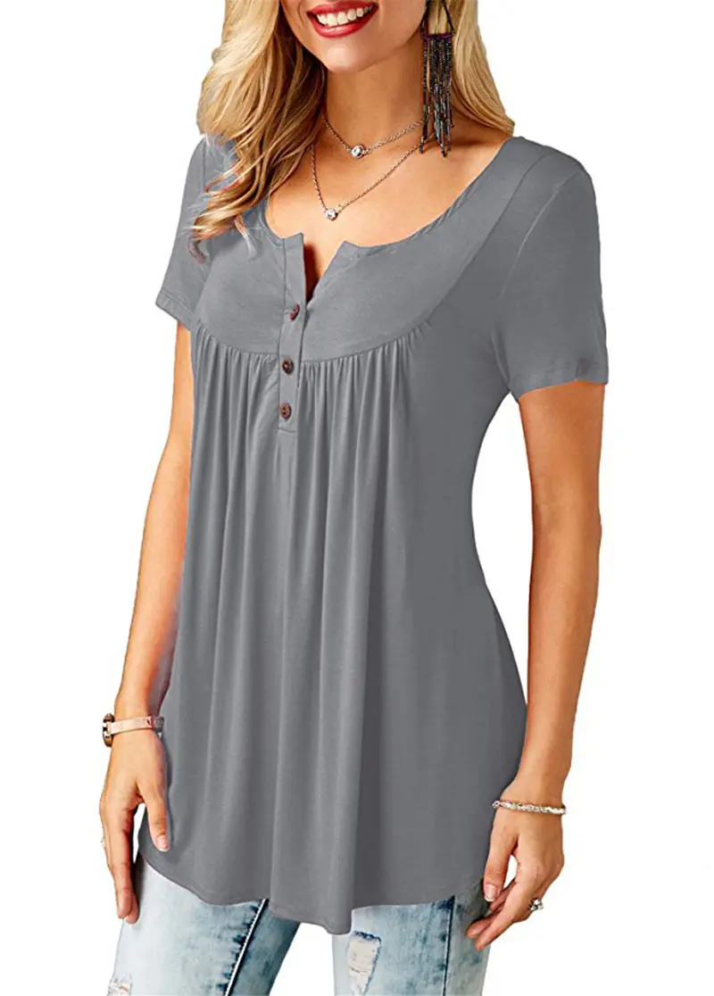 Women'S Summer Casual Short Sleeve T-Shirts Ruffle Button Up Split Neck Blouse Tunic Top Female 2018 Fashion Solid Loose Tees (12)