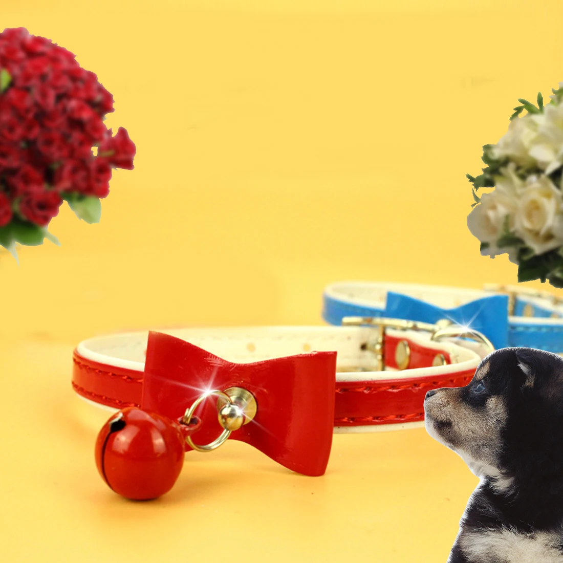 Pet Collars With Bowknot Bells Adjustable Pu Leather Dog Collars Charm