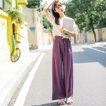 

2019 Korean Solid Lace Up Wide Leg Pants Sweet Casual High Waist Pleated Pants Female Loose Long Trousers