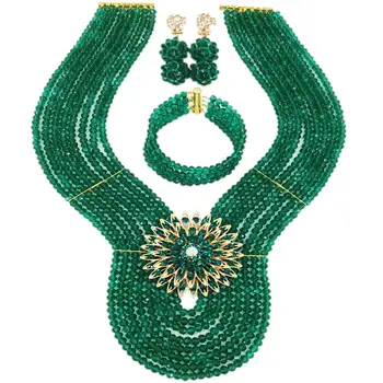 

Teal Army Green New Crystal Costume Nigerian African Wedding Beads Jewelry Necklaces Set Bridal Beads Sets 8PD01