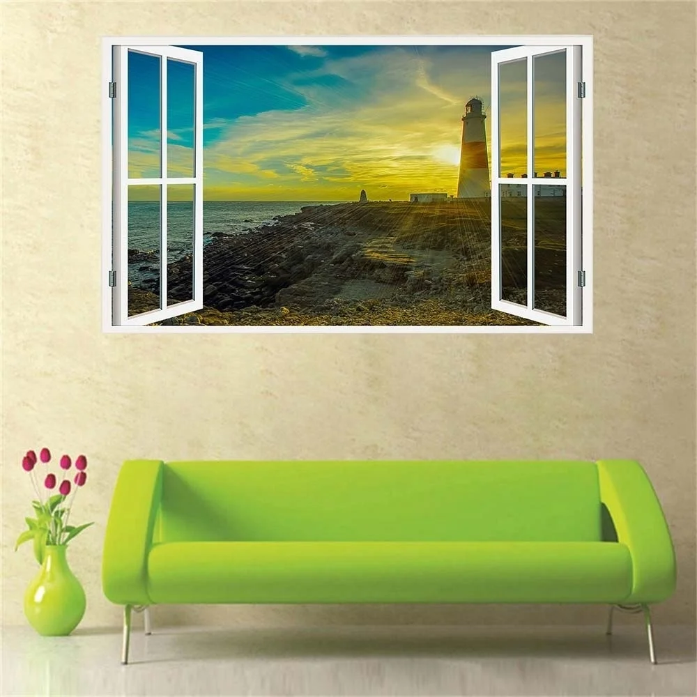 New Product 3D Windows Decal Wall Sticker Home Decor Lighthouse Sunset