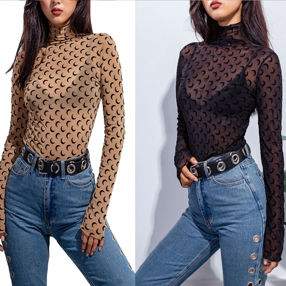 

Trendy Women Tshirt Sexy High Neck Transparent Top T-Shirt Bodycon Solid Tee Tops Beachwear Casual Women Clothes