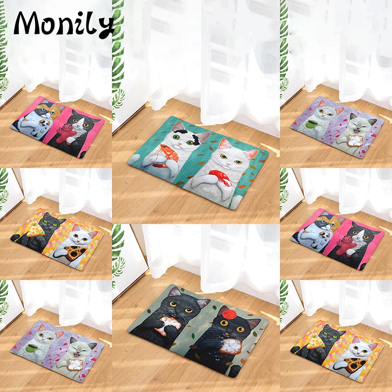 Monily Anti Slip Waterproof Door Mat Cute Two Cats Eat Food Kids' Carpets Bedroom Rugs