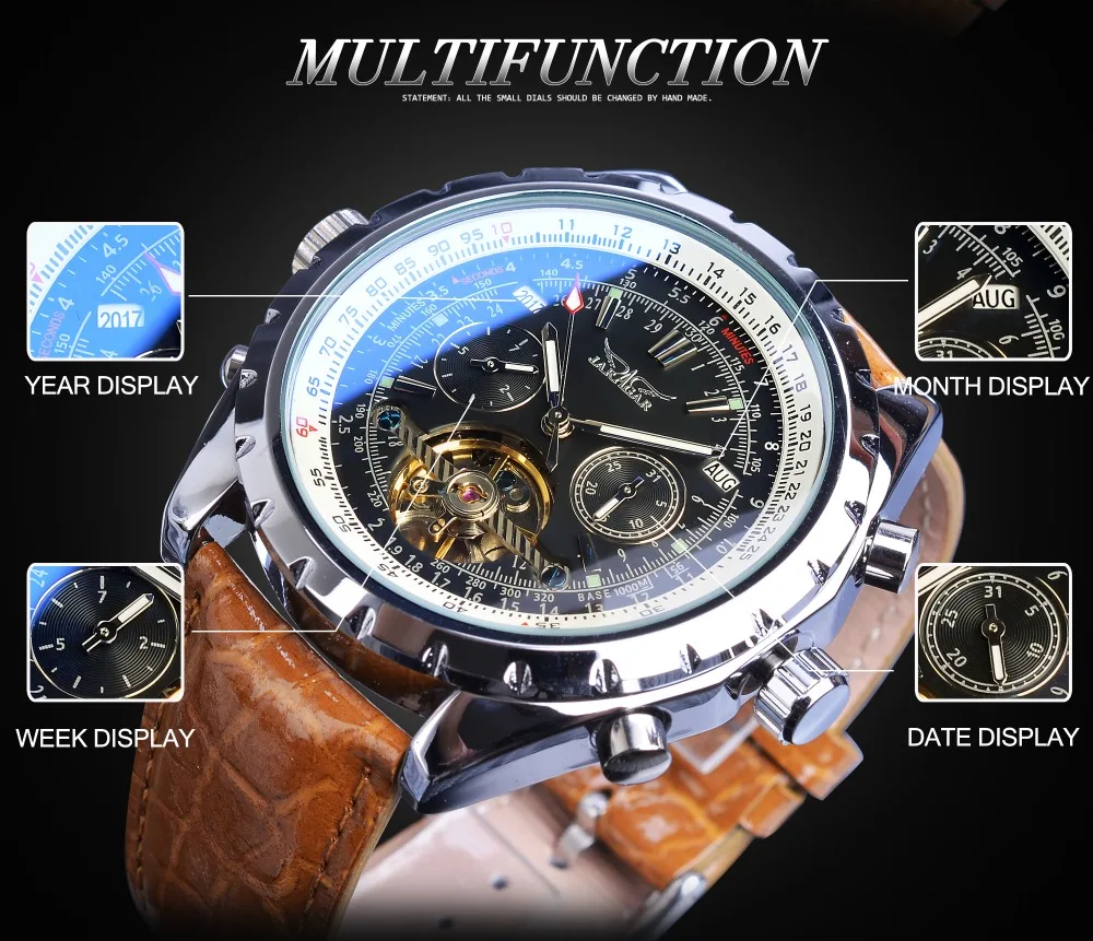 Jaragar, роскошные брендовые автоматические механические мужские часы, календарь, коричневые, натуральная кожа, наручные часы, для гонок, мужские часы, Relogio