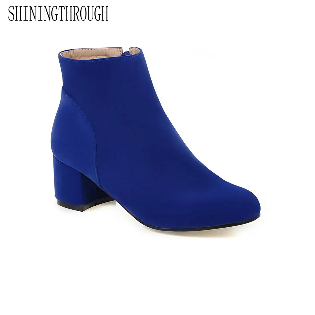 

SHININGTHROUGH Women High Heels Ankle Boots Black/blue Flock Short Plush Vintage Boot Ladies Winter Warm square Toe Zip Shoes