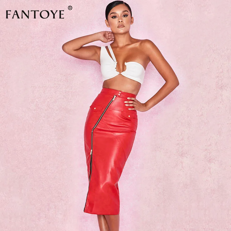 Fantoye High Split Zipper Leather Skirts Womens 2018 Red Elegant Long Autumn Winter Ladies Slim Vintage Midi Pencil Skirt