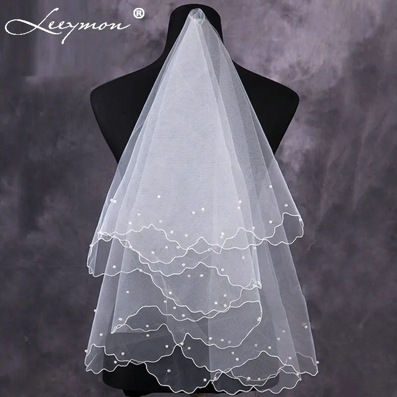 

Gorgeous White/Red Short Multi-Layer Tulle With Pearls Bridal Veils 2017 Long Cathedral Bride Wedding Veil