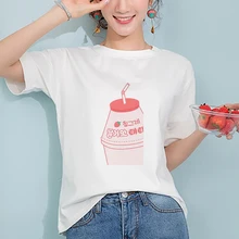 Корейский стиль Kawaii клубника молоко мультфильм напитков печатных футболка Harajuku розовый девичье сердце Ulzzang Kpop женская уличная одежда