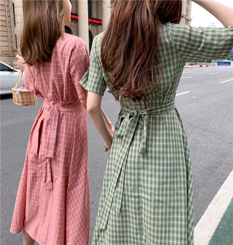 A Line Dresses Woman Summer Cute Japan Korean Style Prairie Sweet Preppy Design Button Shirt Dress Bow Ribbon Tie 7515