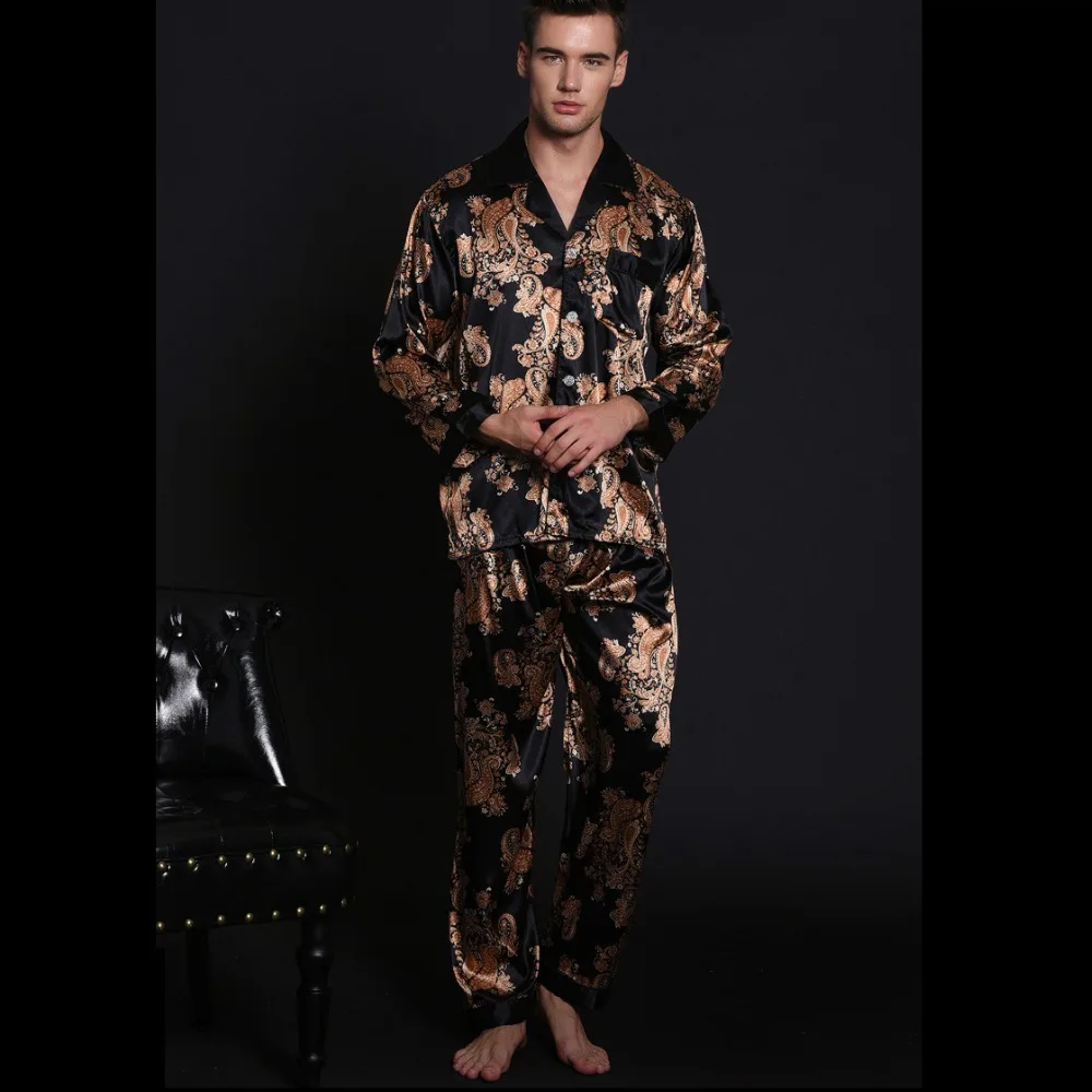 Весенние новые мужские атласные шелковые пижамы с отложным воротником, комплекты с длинными рукавами и штанами, пижамные костюмы, повседневная одежда для сна, пижама L XL 2XL