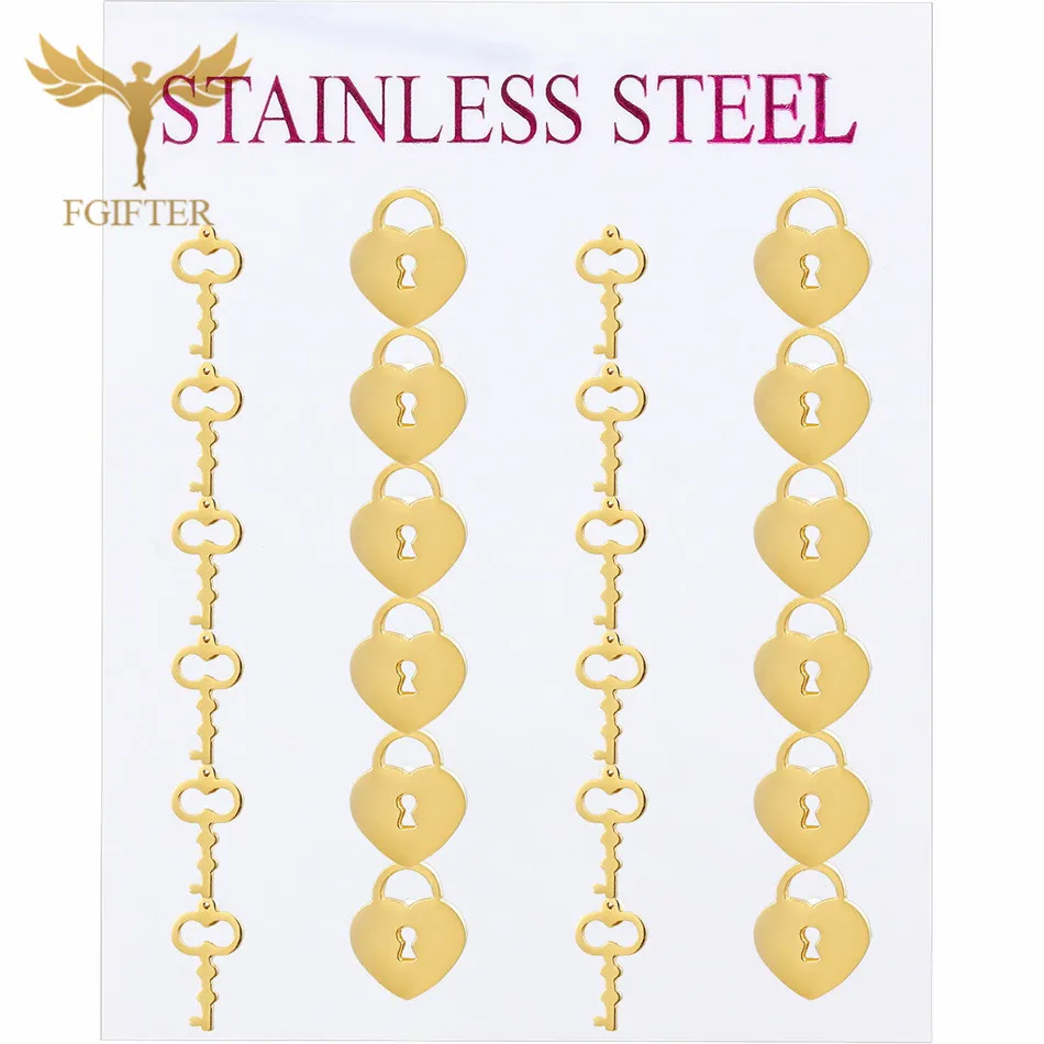

FGifter Punk Stud Earrings Asymmetric Key Luck Stainless Steel Jewelry for Women Girls Gold Color Ear Studs