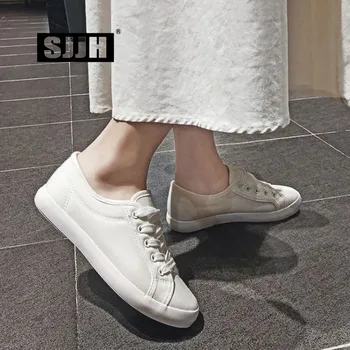 

SJJH Women White Canvas Skateboarding Shoes Comfortable Flats Sneakers Ladies Vulcanize Casual Chaussure Lace-up Footwear D222