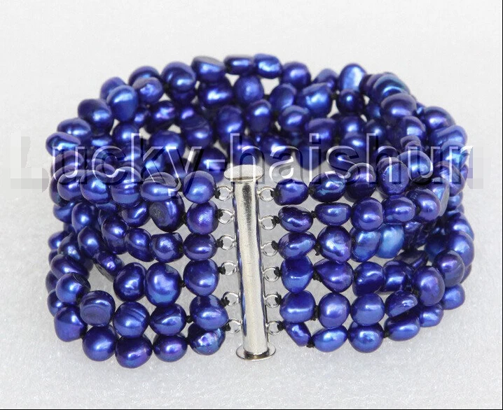 

8" 8mm 6row Baroque navy blue pearls bracelet magnet clasp j11126 @^Noble style Natural Fine jewe SHIPPING 6.2 6.02