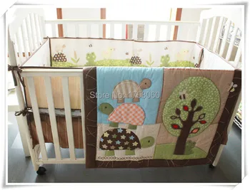 

embroidery 4pcs 100% cotton crib bedding Set brown frog and tree for boy kids