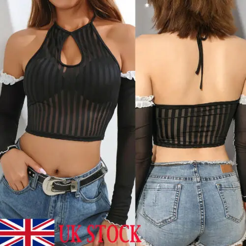 

UK Women Sexy Off Shoulder See Through Mesh Tulle Crop Top Halter Neck Tank Top Clubwear