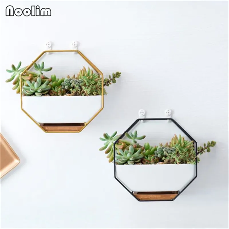 

Nordic Iron Frame White Ceramic Flower Pot Concise Geometric Wall Hanging Ceramic Flower Pot With Bamboo Tray Home Decoration