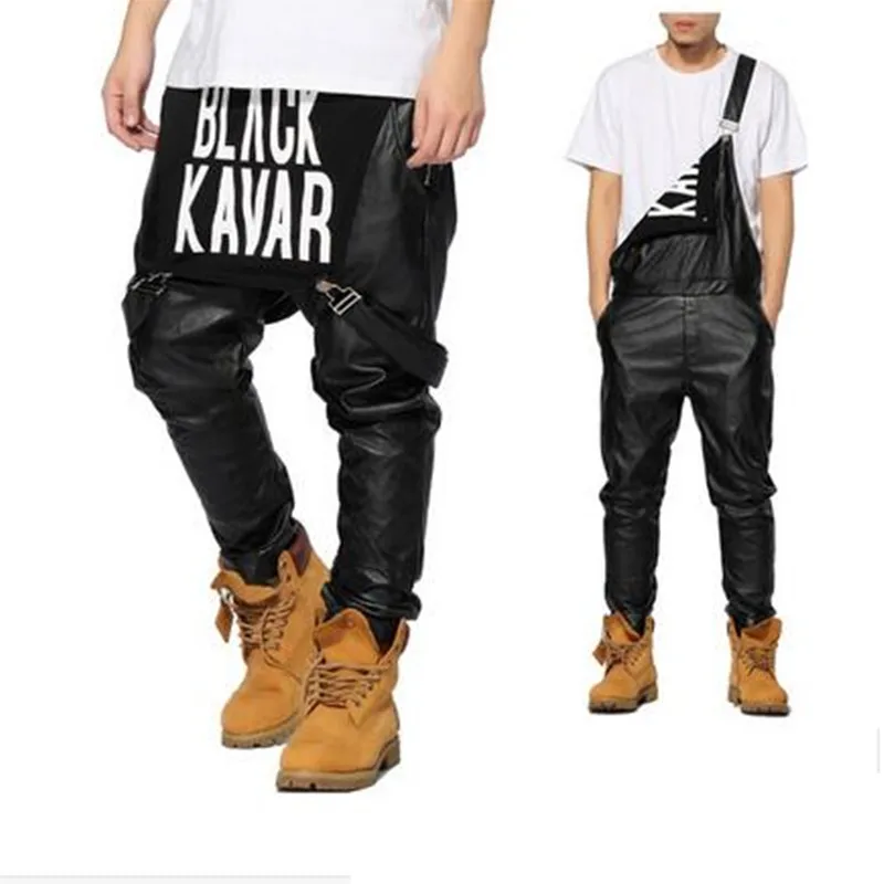 Mens Fashion Jumpsuit Black PU BLACK KAVIAR Print Casual Leather Pant Men Women Jogger Suspender Pants Hip Hop Pants Men