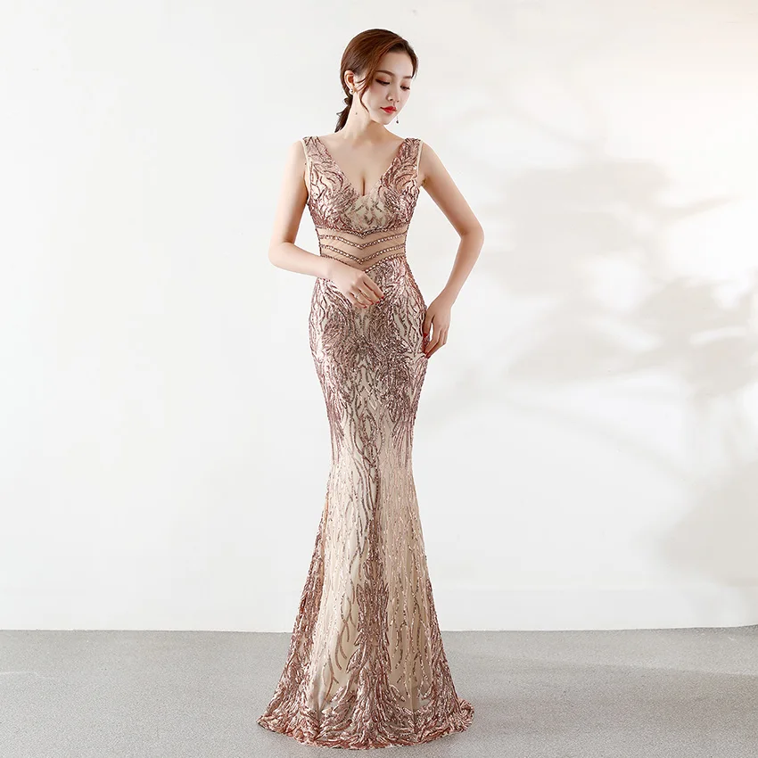 

D180 luxury hollow out beading rose gold sexy sequined long dress