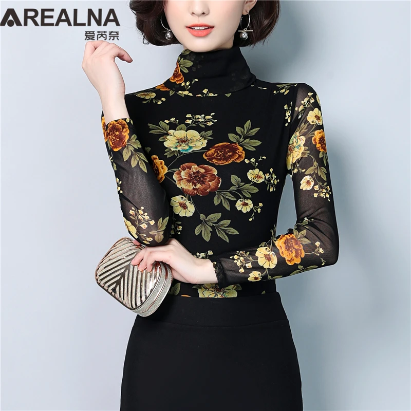 Модная женская одежда, осень, водолазка, эластичная, черная, сетчатая, длинный рукав, тонкая рубашка, женские топы, с цветочным принтом, женская блузка