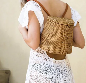 

New Handmade Woven Rattan Backpacks Women PU Leather Bow Hasp Inside Blue Flowers Print Backpack Ladies Double Straps Bags B59