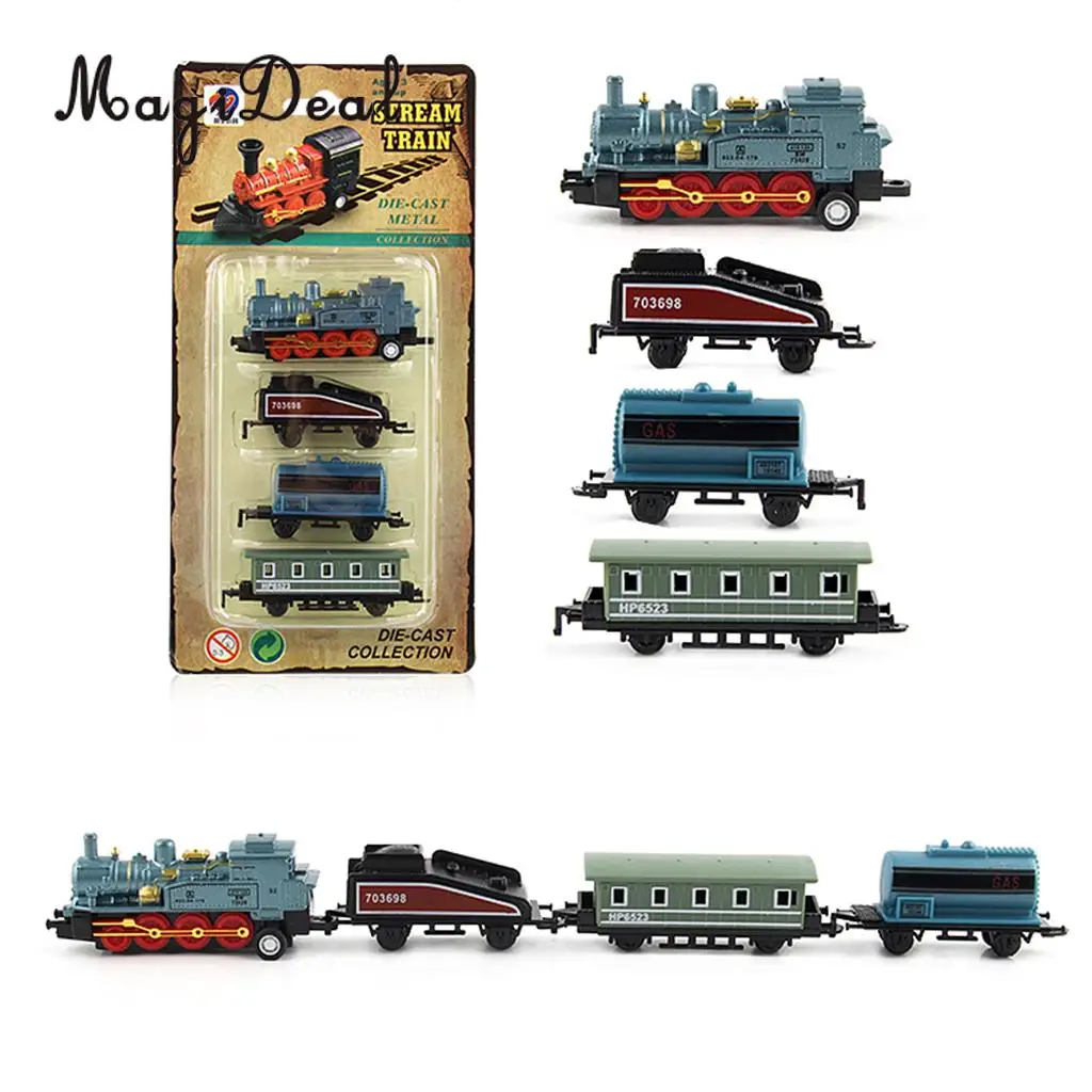 4Pcs Blue Mini Steam Train Set, 1 Locomotive Engine and 3 Railway Carriages, Kids Toddler Fun Toy Collectibles