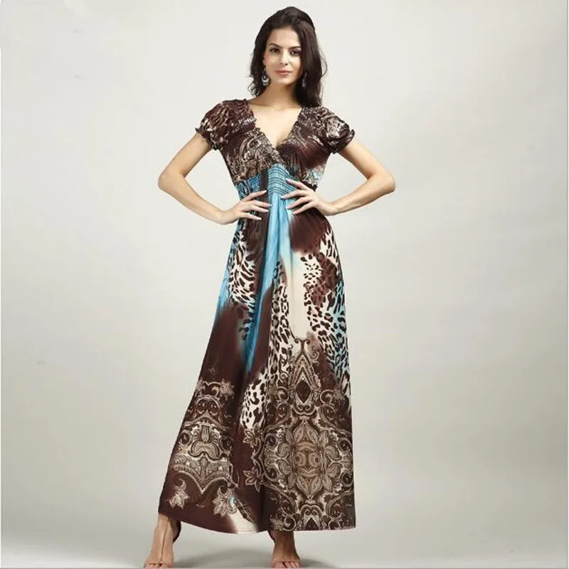 

2019 Maxi Dresses Women's Large Size Summer Beach tunic V Neck Milk Silk Bohemian Female Casual Long Slim Elastic vestidos
