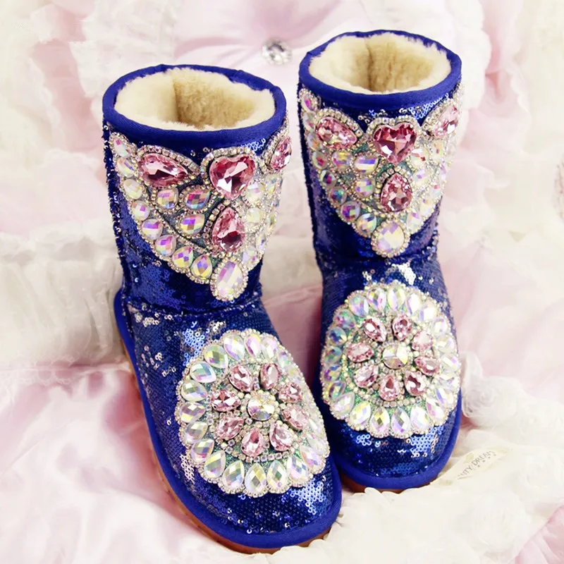 

Crystal Women Rabbit Fur Winter Platform Boots Rhinestones Diamond Snow Boots Waterproof Leather Shoes Increased Keep Warm Flats