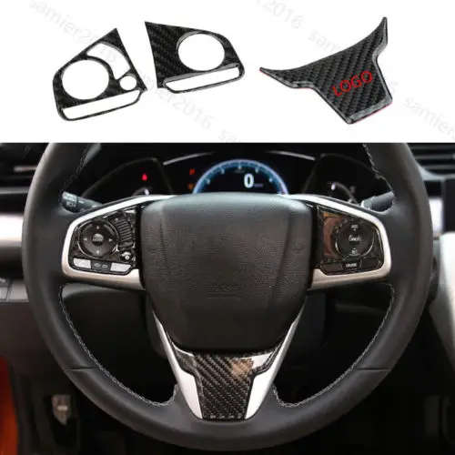 

3x 100% Carbon Fiber Fit For Honda Civic 2016 2017 Steering Wheel Buttons Cover Trim