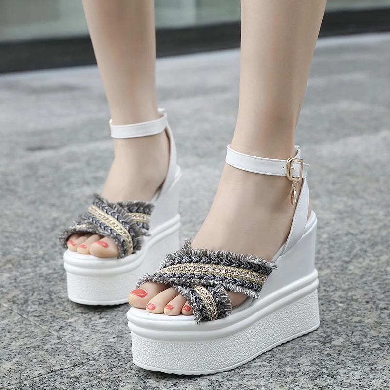 

Ankle Strap Party Shoes Summer Mixed Colors Fashion Wedges 12cm High Heel Fringe Platform Sandals