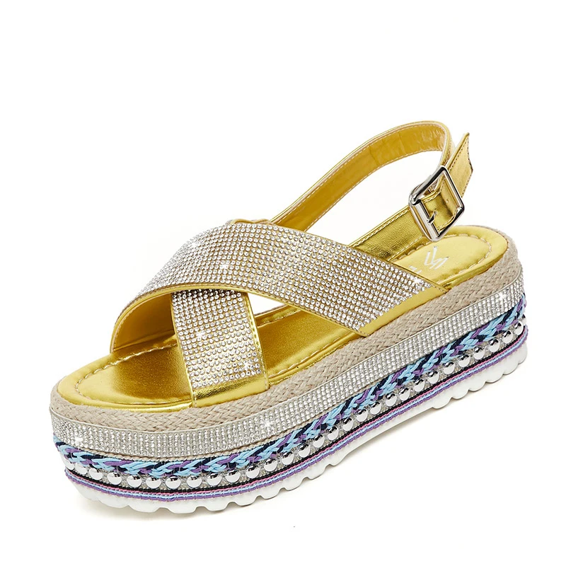 

New 2019 BlingBling Crystal Women Sandals Casual Wedge Heel Sandals Ladies Summer Platform Shoes Woman Slingback silver Sandal