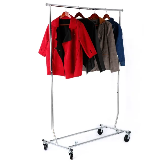 LANGRIA Collapsible Adjustable Single Rail Rolling Standing Drying Clothes Rack Garment Clothing Hanging Chrome Plated