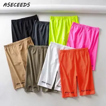 

2019 Summer black biker shorts women High waist shorts korean style elastic waist vintage print neon green short rave streetwear