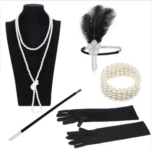 Ladies Gatsby FLAPPER Fancy Dress Accessories 20s Charleston Costume outfit Feather Headband Pearl Necklace Gloves Cigaretter - Цвет: Темно-серый