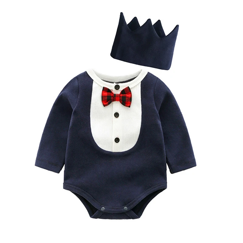 Bebe/Костюм Джентльмена для мальчиков+ корона, весенний Детский костюм с длинными рукавами и бантом, Детские боди, одежда для маленьких девочек, костюмчик для младенца - Цвет: dark blue