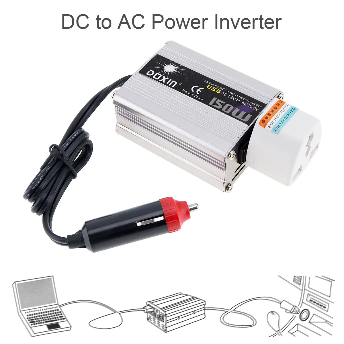 2Pcs Car Power Inverter 150W Silver Inverter with USB Portable Stereos