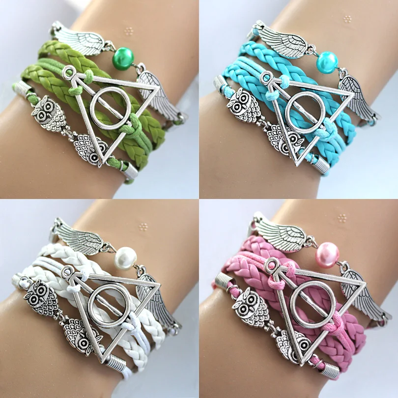 

Deathly Hallows Braided Bracelets Vintage Owl wings Infinity Bracelet snitch gold Multilayer Bangle Gryffindor Slytherin
