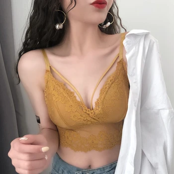 

2019 new Korean wire free push up 3/4 cup Soft Non-adjusted Straps lace bra Deep V Sexy black white Thin Female Lingerie women